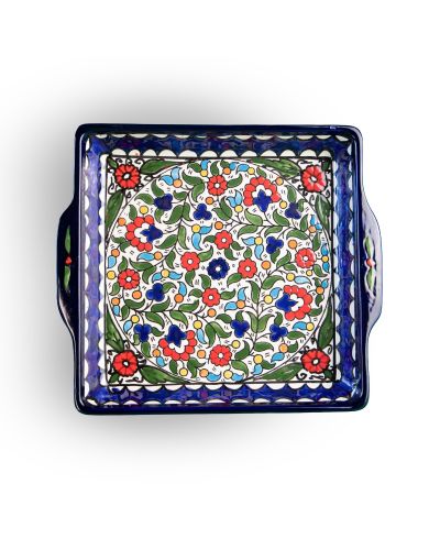 Plat carré en céramique artisanale de Palestine (Hébron) – 24x24cm